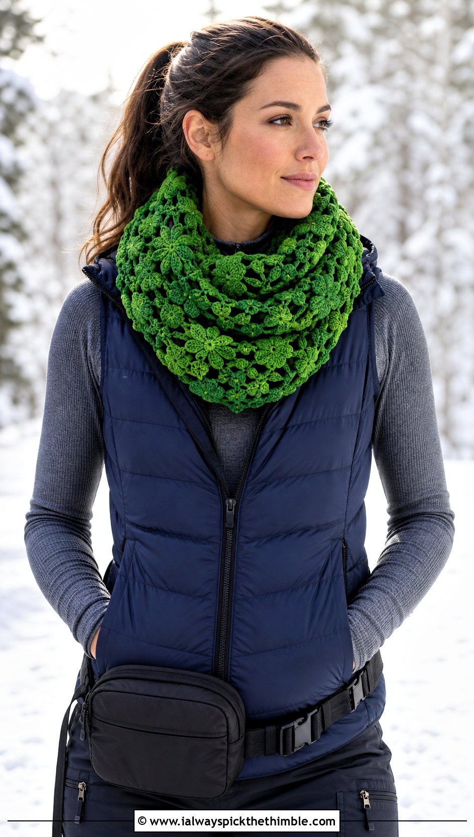 Irish Crochet Infinity Scarf With Puffer Vest - 20 irish crochet scarf outfit ideas
