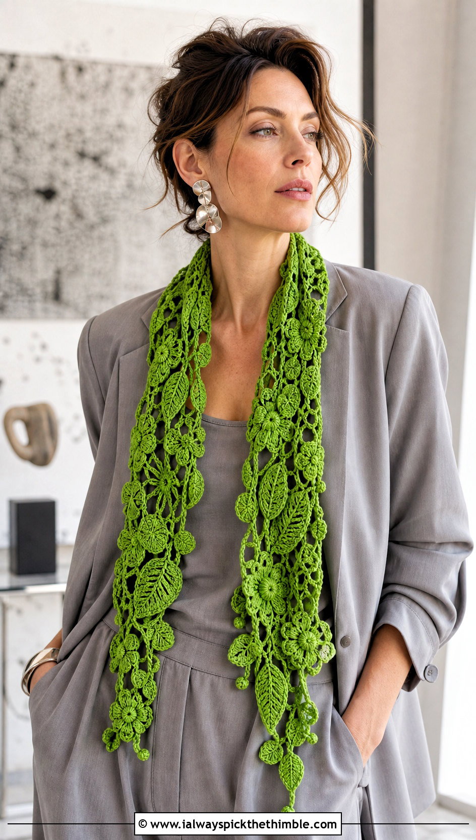 Irish Crochet Lace Green Scarf With Monochrome Suit - 15 Lacy Green Crochet Scarf outfit ideas