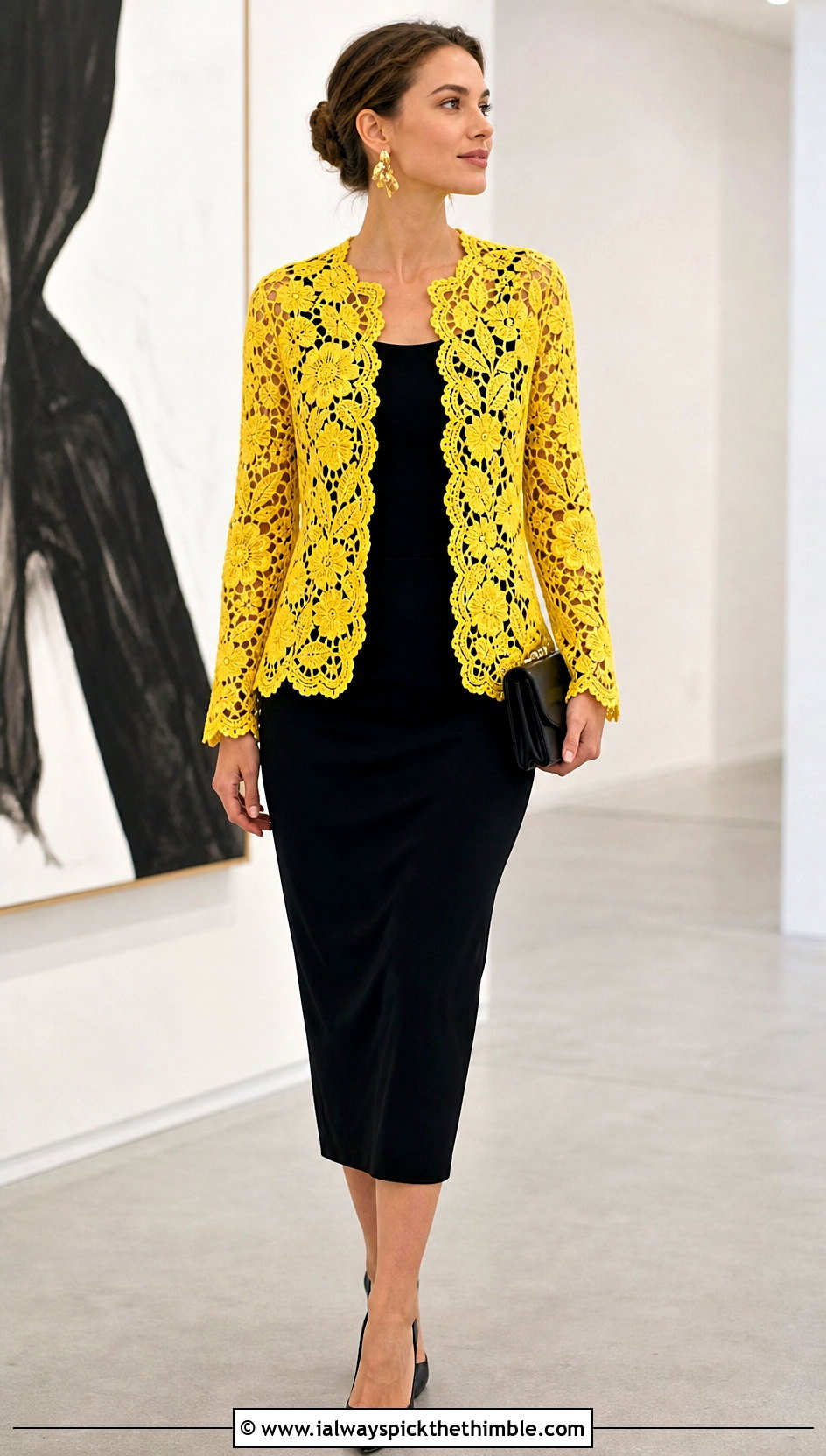 Irish Crochet Lace Jacket With Black Column Dress - 25 crochet lace jacket outfit ideas