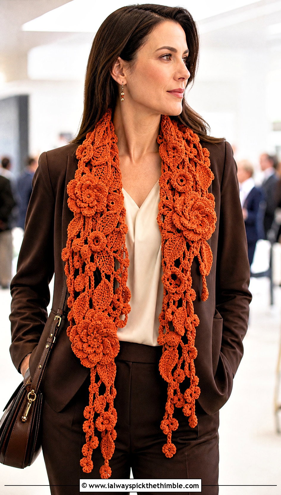 Irish Crochet Lace Scarf With Pantsuit And Pumps - 20 easy crochet lace scarf outfit ideas