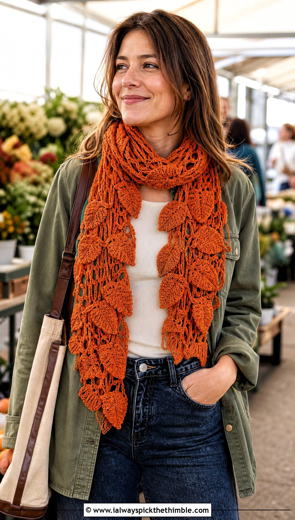 Irish Crochet Leaf Motif Scarf With Utility Jacket - 20 irish crochet scarf outfit ideas