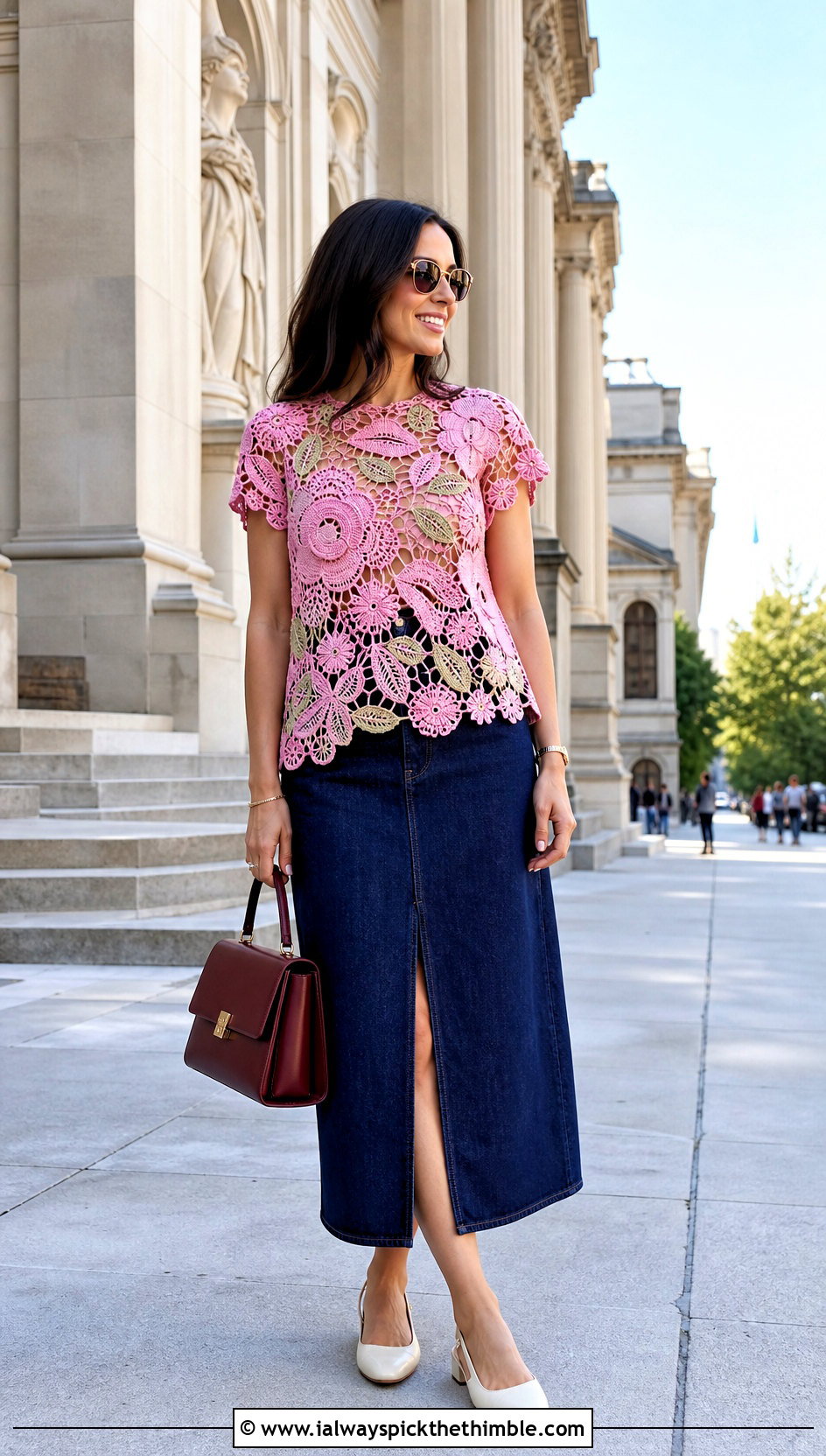 Irish Crochet Motif Blouse With Denim Midi Skirt - 25 lacy crochet top outfit ideas