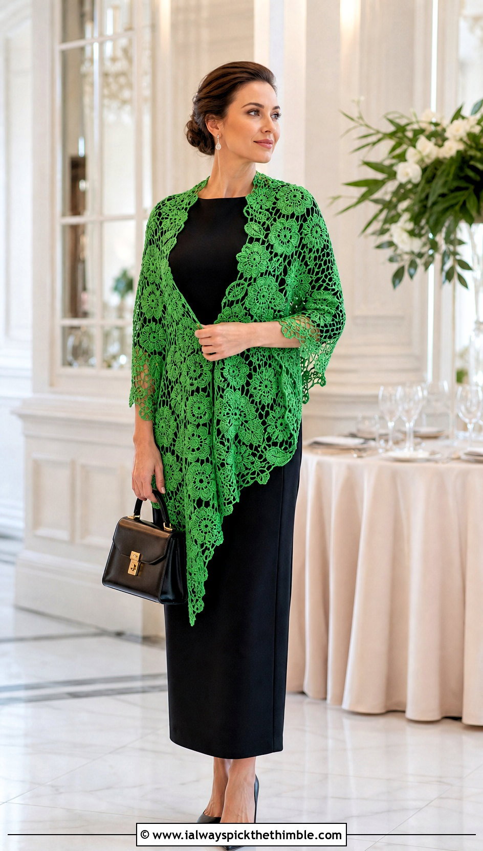 Irish Crochet Motif Shawl With Column Dress And Pumps - 25 lacy crochet shawl outfit ideas