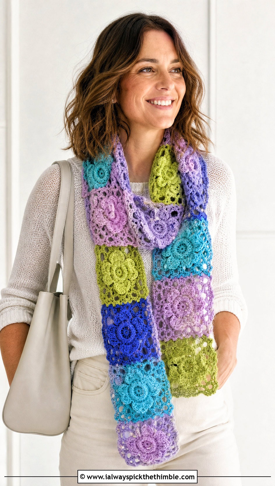 Irish Crochet Patchwork Scarf With Minimalist Basics - 20 irish crochet scarf outfit ideas