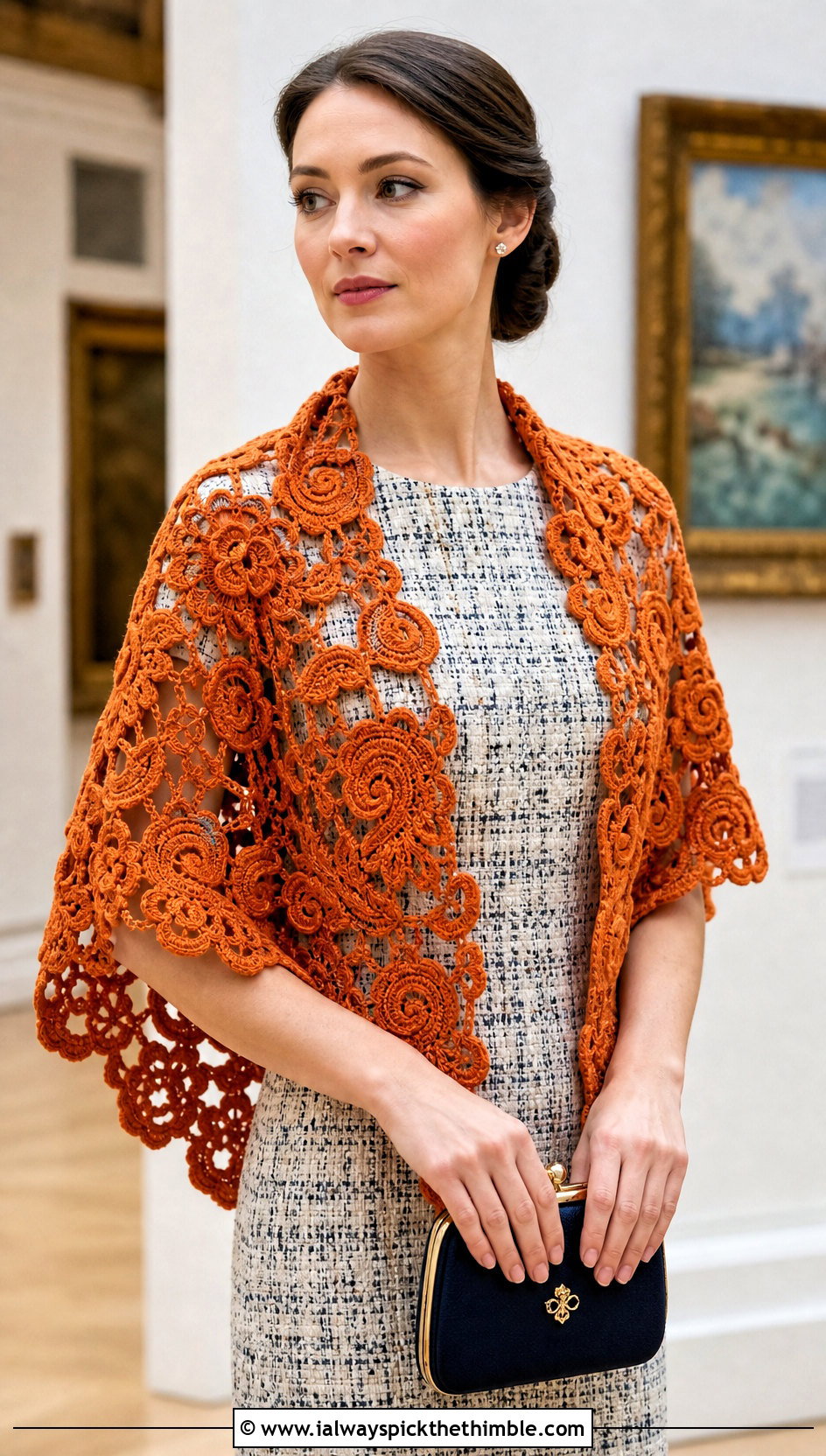 Irish Crochet Shawl With Tweed Shift Dress - 20 Vintage Crochet Shawl outfit ideas