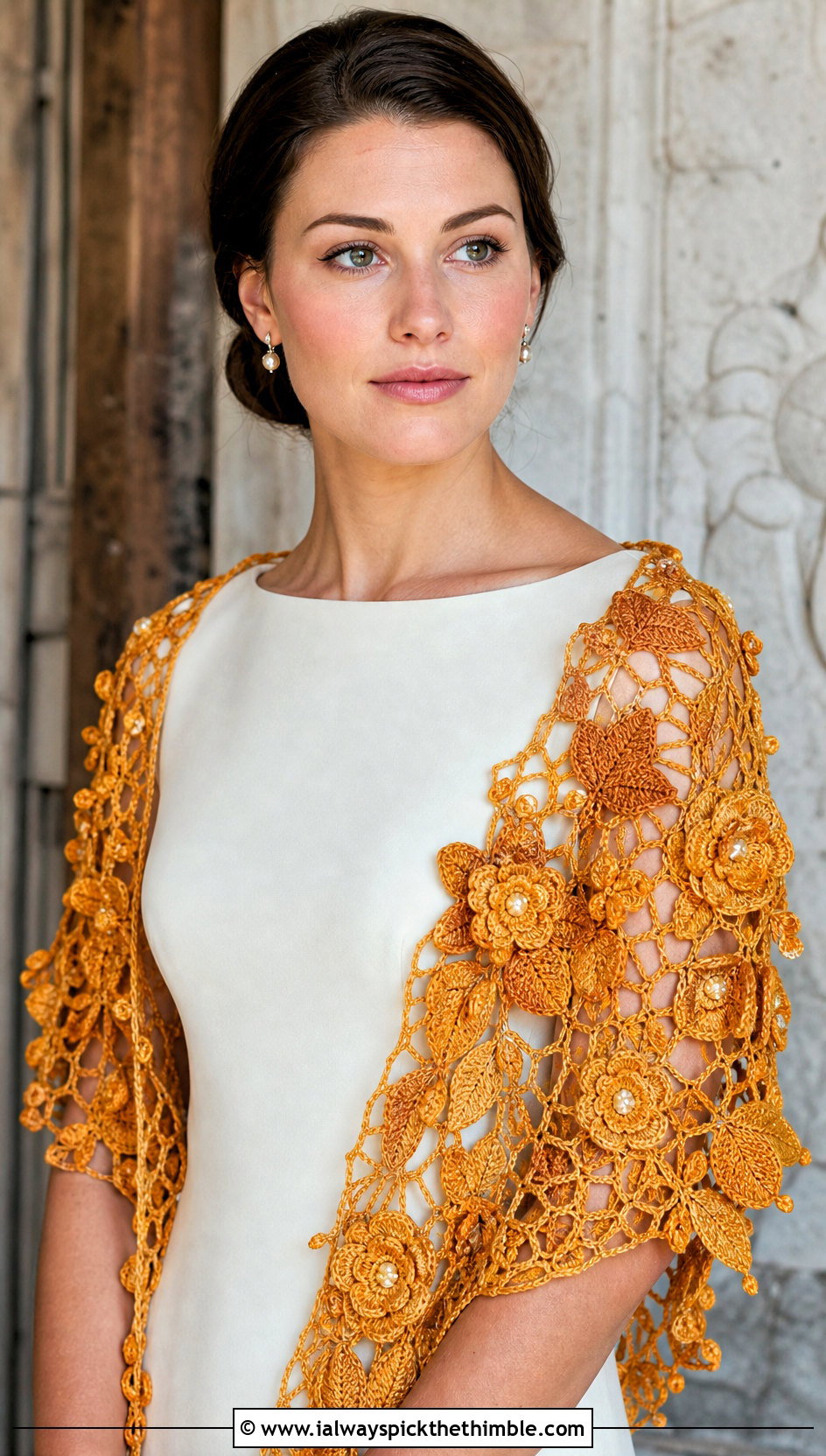 Irish Crochet Wedding Shawl With Tailored Crepe Gown - 25 crochet wedding shawl outfit ideas