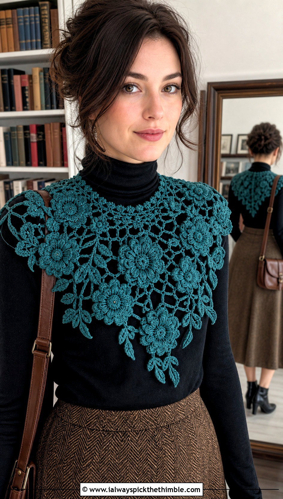 Irish Floral Lace Crochet Collar With Turtleneck And Midi Skirt - 20 Lace Crochet Collar outfit ideas
