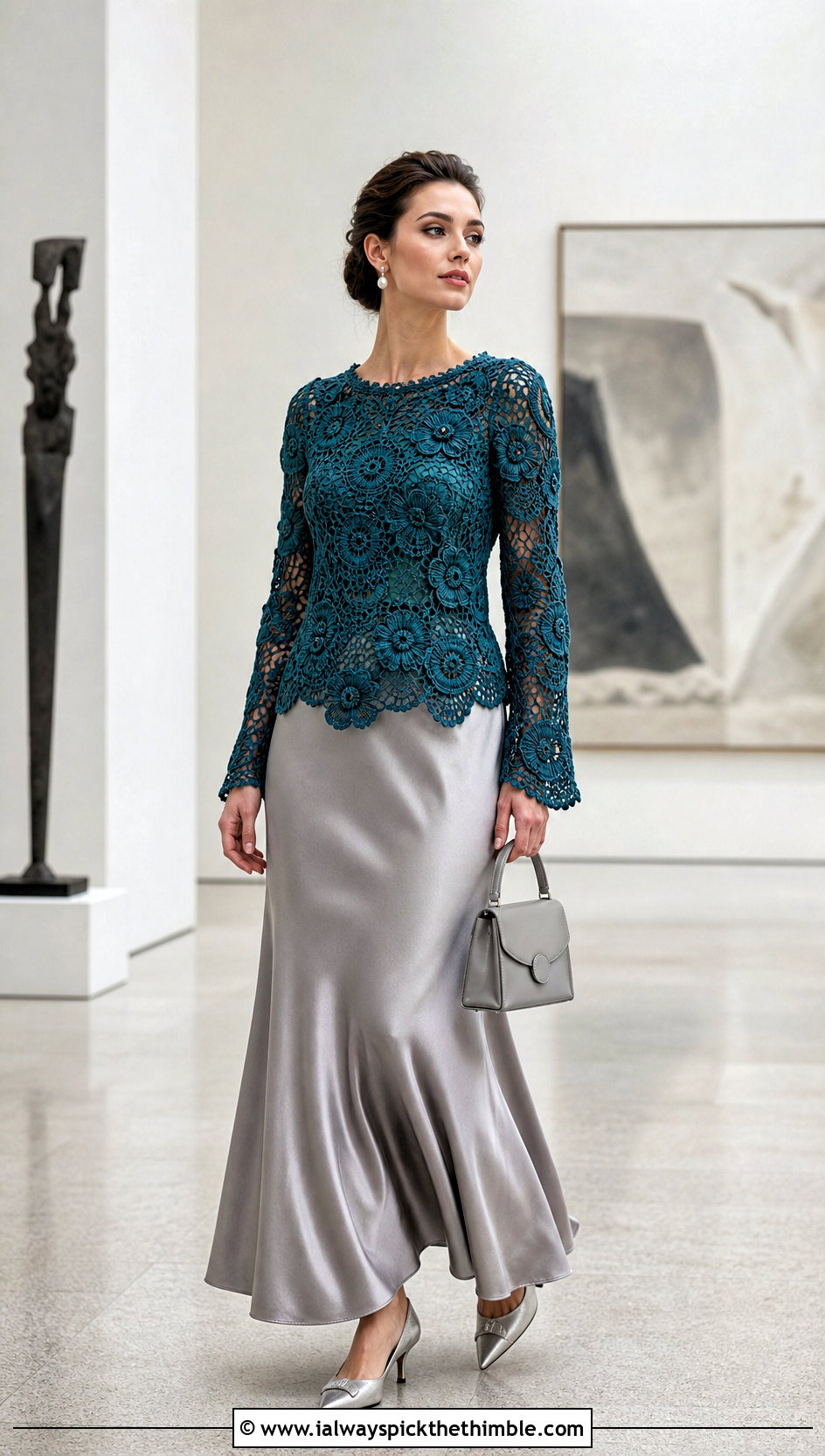 Irish Lace Crochet Blouse With Satin Maxi Skirt - 15 quick crochet blouse outfit ideas
