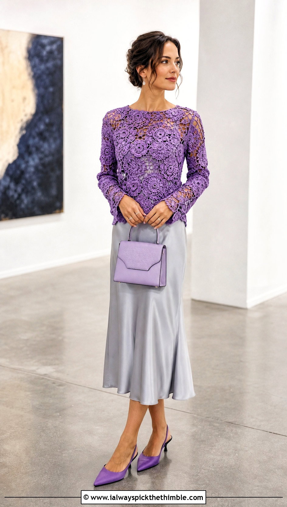 Irish Lace Crochet Blouse With Satin Midi Skirt - 25 crochet blouse outfit ideas