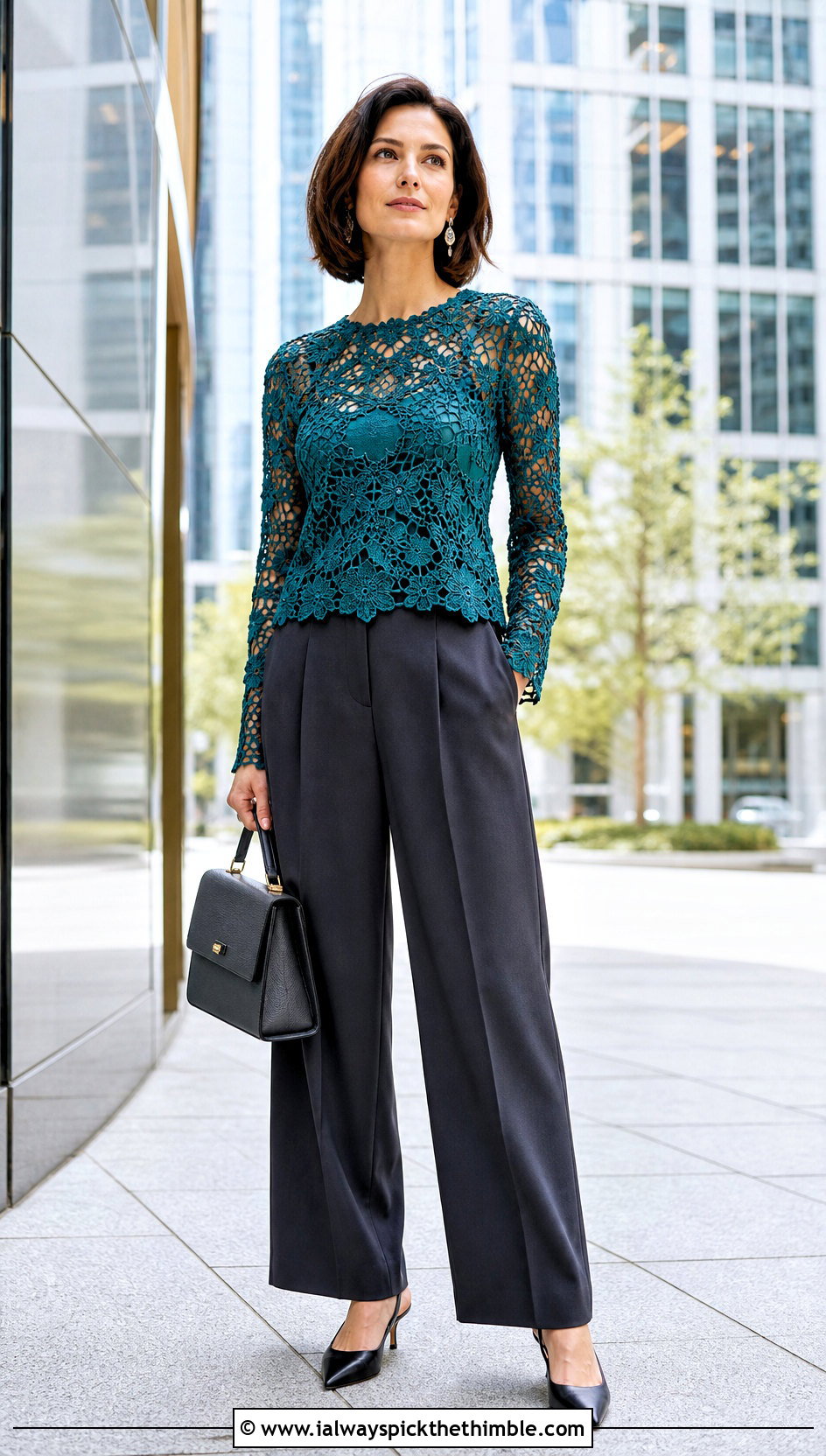 Irish Lace Crochet Blouse With Tailored Trousers - 15 crochet top with intricate outfit ideas