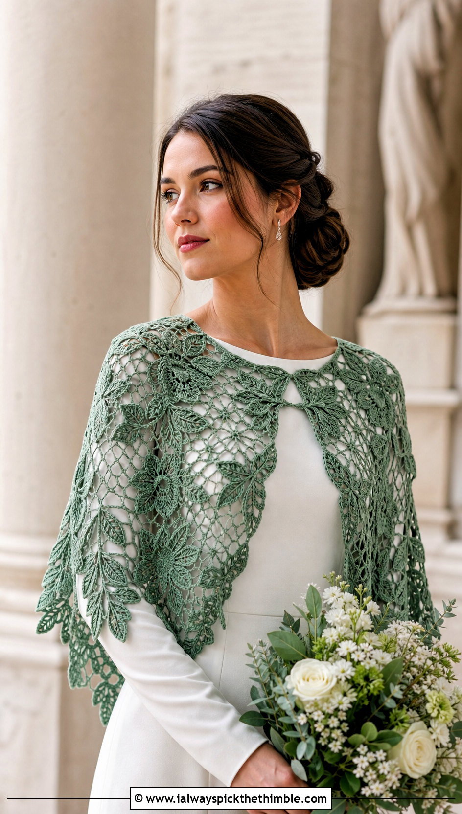 Irish Lace Crochet Bridal Shawl With Long Sleeve Crepe Gown - 20 Crochet Bridal Shawl outfit ideas