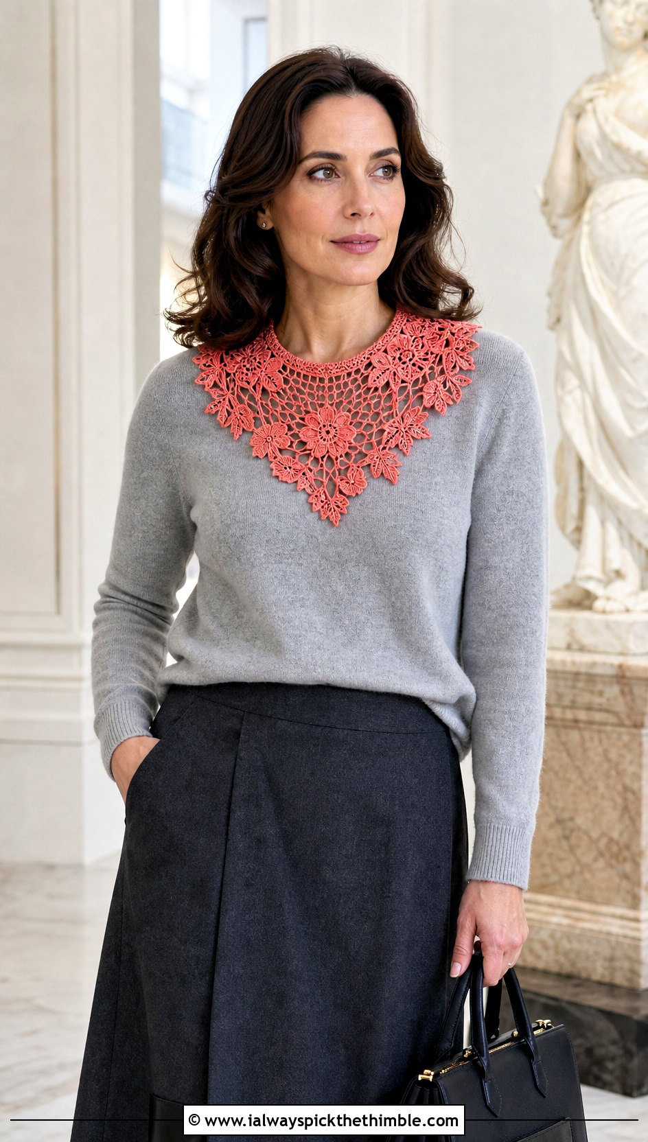 Irish Lace Crochet Collar With Cashmere Sweater And Tailored Skirt - 25 crochet collar outfit ideas