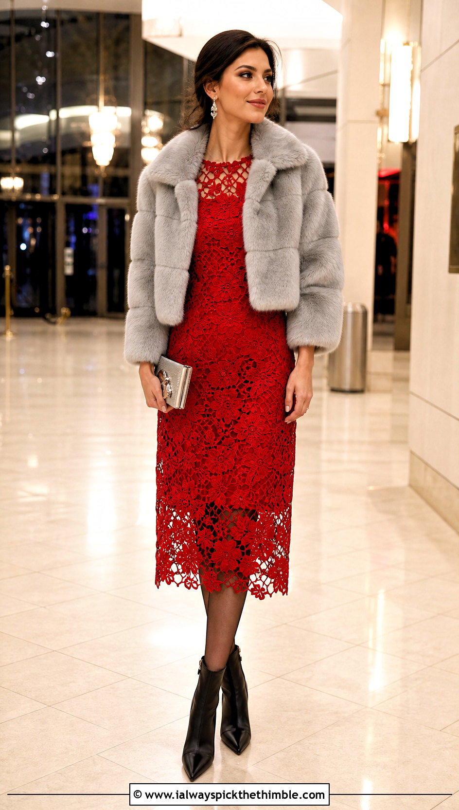 Irish Lace Crochet Dress With Faux Fur Coat - 20 crochet dress for winter outfit ideas