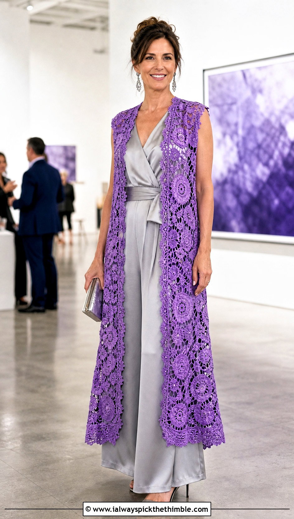 Irish Lace Crochet Long Vest With Satin Jumpsuit - 25 Crochet Long Vest outfit ideas
