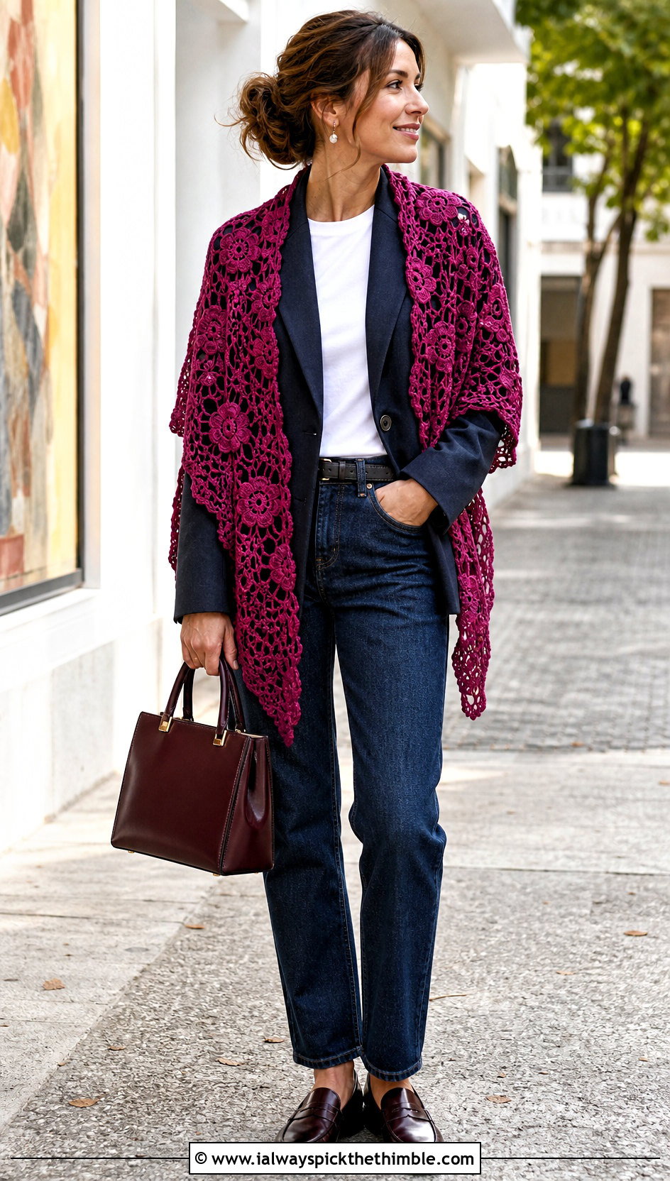 Irish Lace Crochet Shawl With Blazer And Jeans - 20 Lacey Crochet Shawls outfit ideas