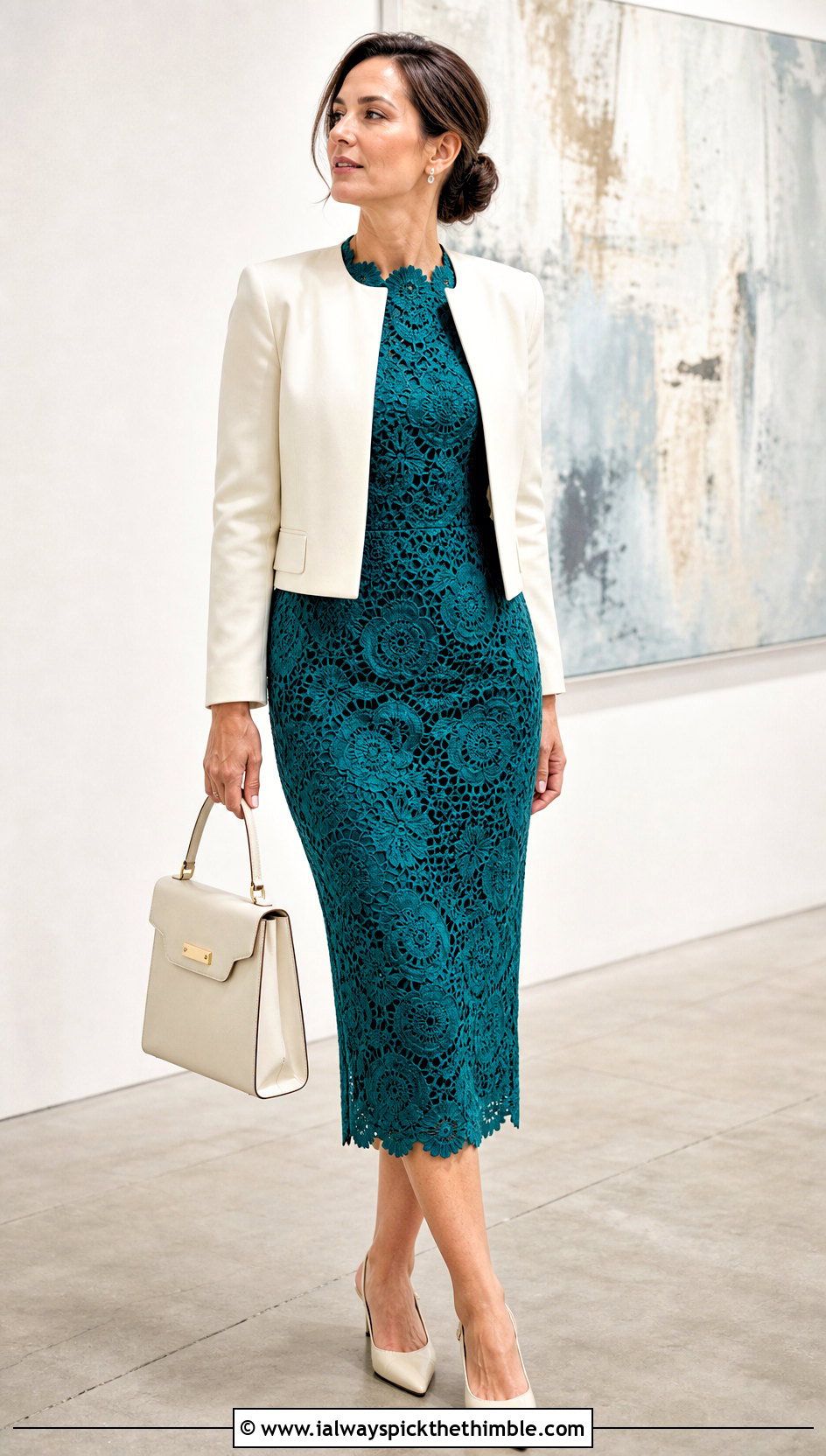 Irish Lace Crochet Sheath Dress With Cropped Blazer - 20 fancy crochet dress outfit ideas
