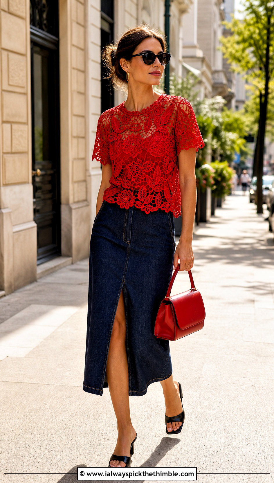 Irish Lace Crochet Tee With Denim Midi Skirt - 15 summer lace crochet tee outfit ideas