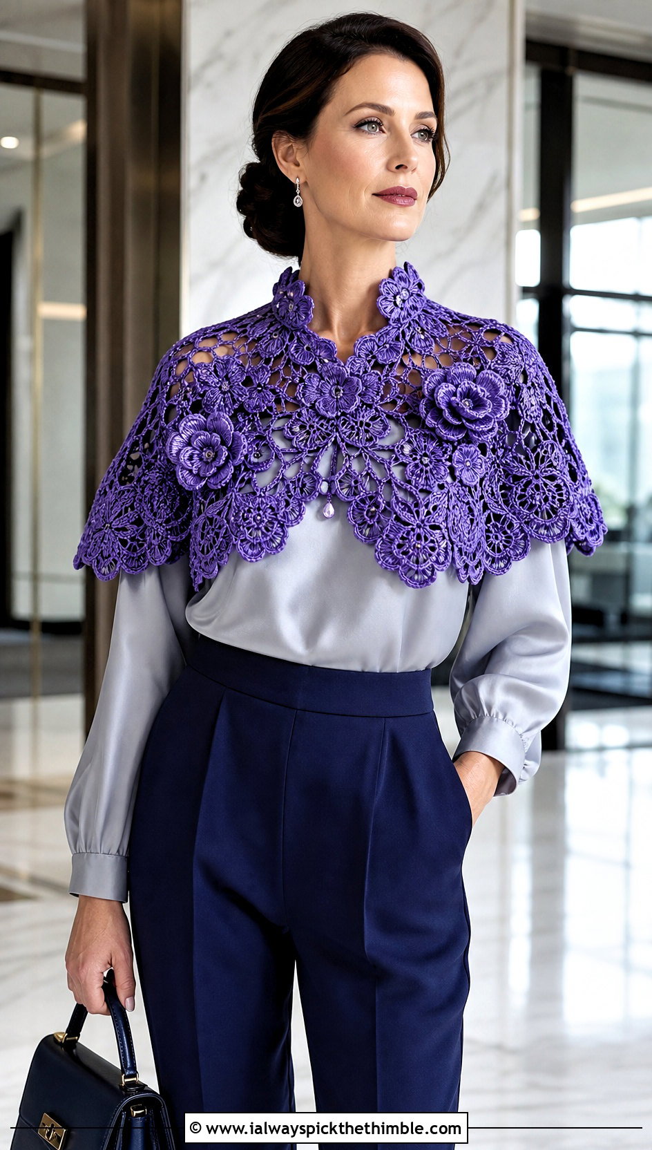 Irish Lace Crocheted Collar With Satin Blouse - 15 Crocheted Collars outfit ideas