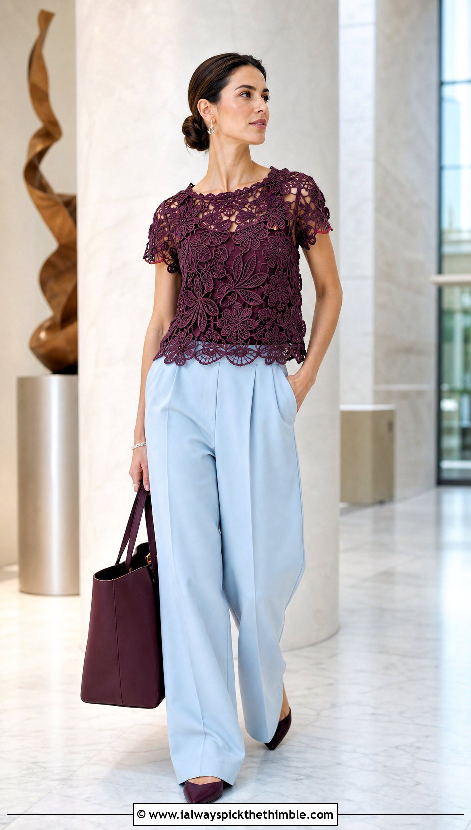 Irish Lace Floral Crochet Motif Top With Wide Leg Suit Pants - 20 crochet motif top outfit ideas