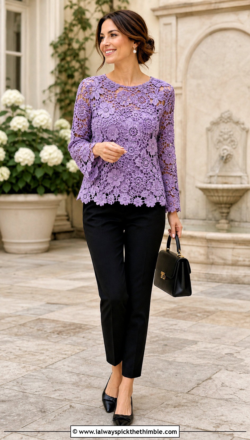 Irish Lace Flower Blouse With Cigarette Pants - 25 crochet flower top outfit ideas