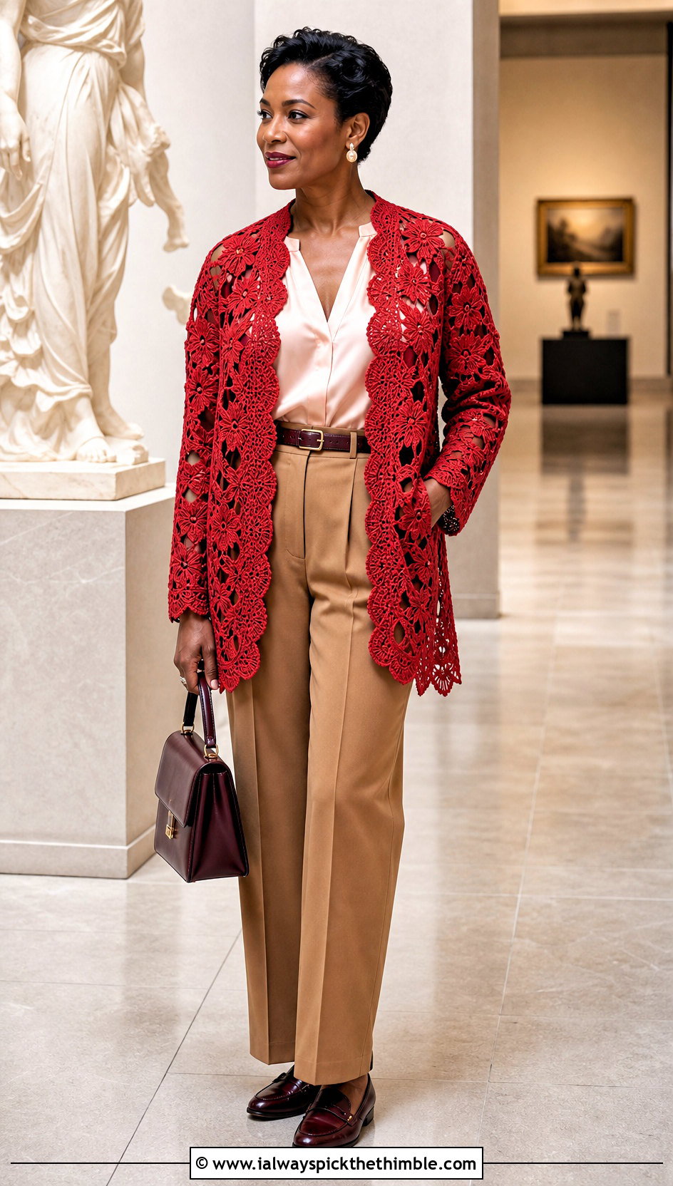 Irish Lace Motif Crochet Cardigan With Tailored Trousers - 20 Lacy Crochet Cardigan outfit ideas