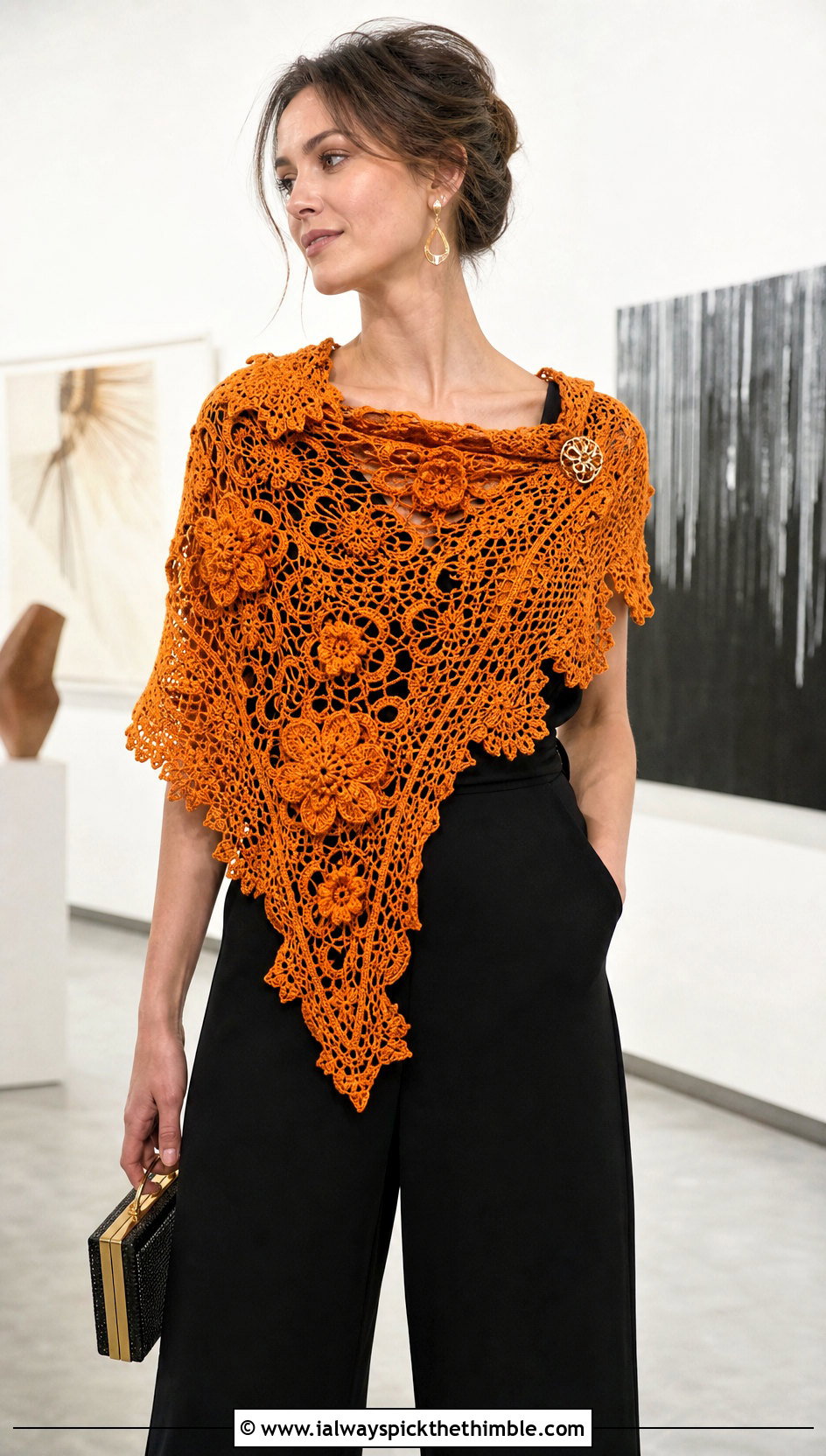 Irish Lace Triangle Shawl With Black Jumpsuit - 20 Crochet Lace Triangle Shawl outfit ideas