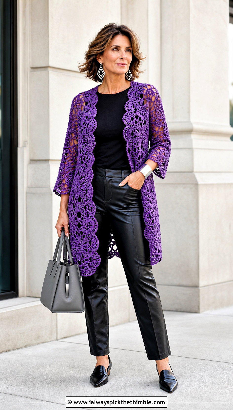Irish Motif Lace Cardigan With Leather Pants - 15 Lacey Crochet Cardigan outfit ideas