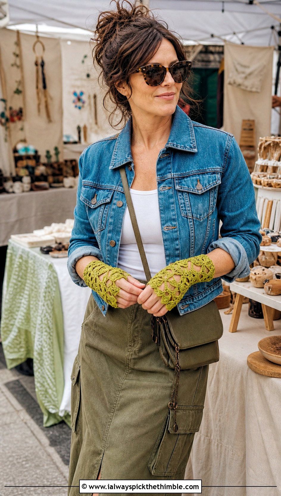Irish Motif Lace Crochet Fingerless Gloves With Denim Jacket And Cargo Skirt - 20 Lace Crochet Fingerless Gloves outfit ideas