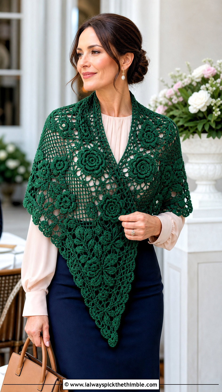 Irish Motif Triangle Shawl With Blouse And Tailored Skirt - 20 Crochet Lacy Triangle Shawl outfit ideas