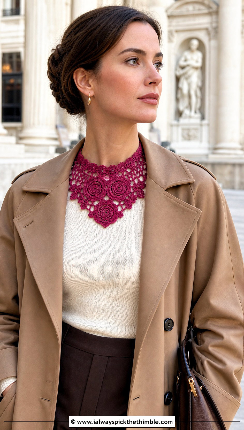 Irish Rose Lace Collar With Trench Coat - 15 handmade floral crochet collar outfit ideas