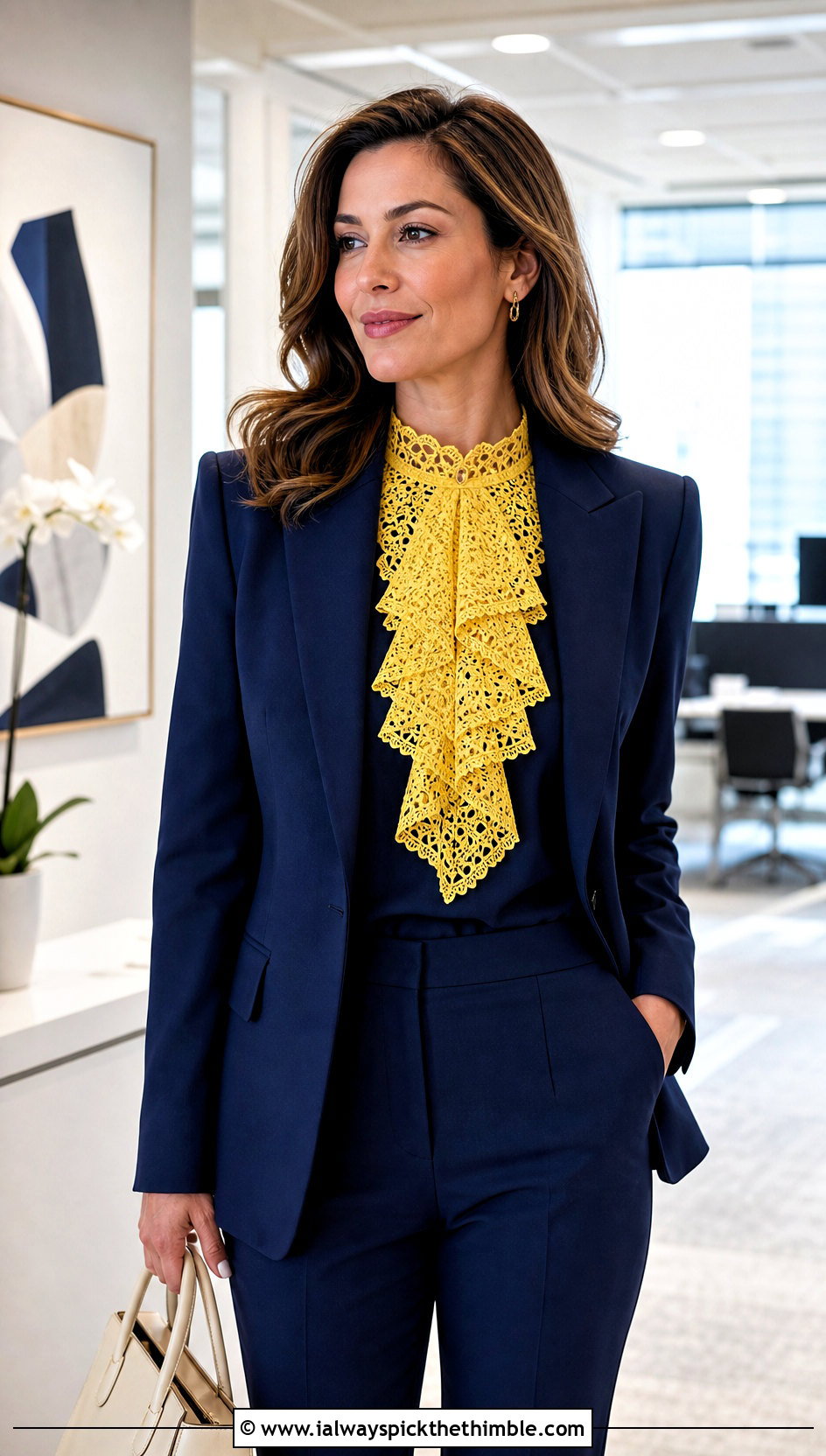 Jabot Lace Crochet Collar With Pantsuit And Pumps - 20 Lace Crochet Collar outfit ideas