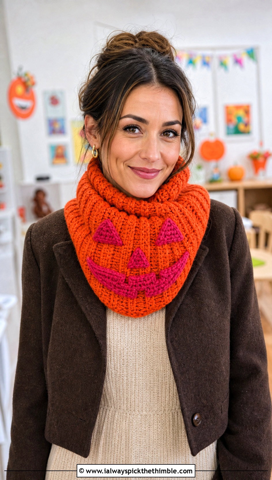Jack O Lantern Cowl Halloween Scarf With Knit Dress - 20 crochet halloween scarf outfit ideas
