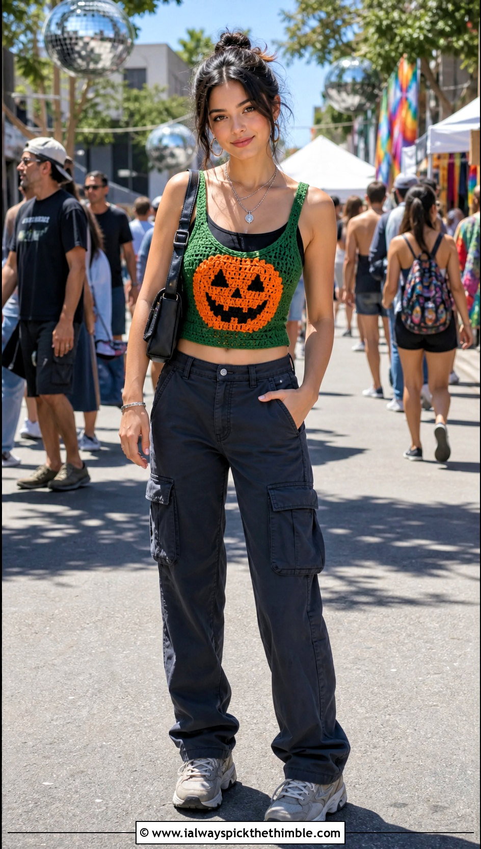 Jack O Lantern Crochet Top With Cargo Pants - 20 Crochet Halloween Clothes and outfit ideas