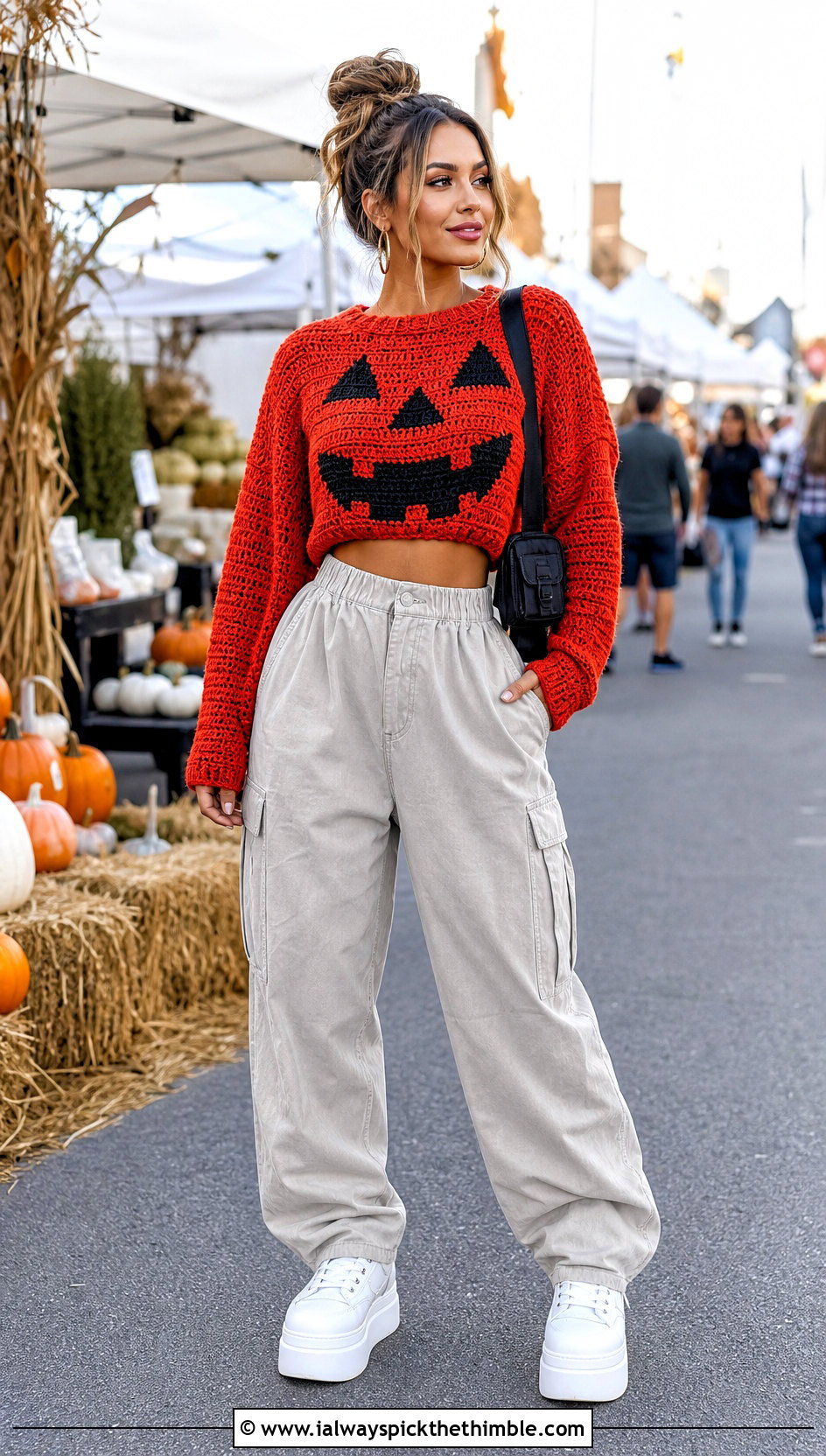 Jack O Lantern Cropped Spooky Crochet Sweater With Parachute Pants - 15 Spooky Crochet Sweater outfit ideas