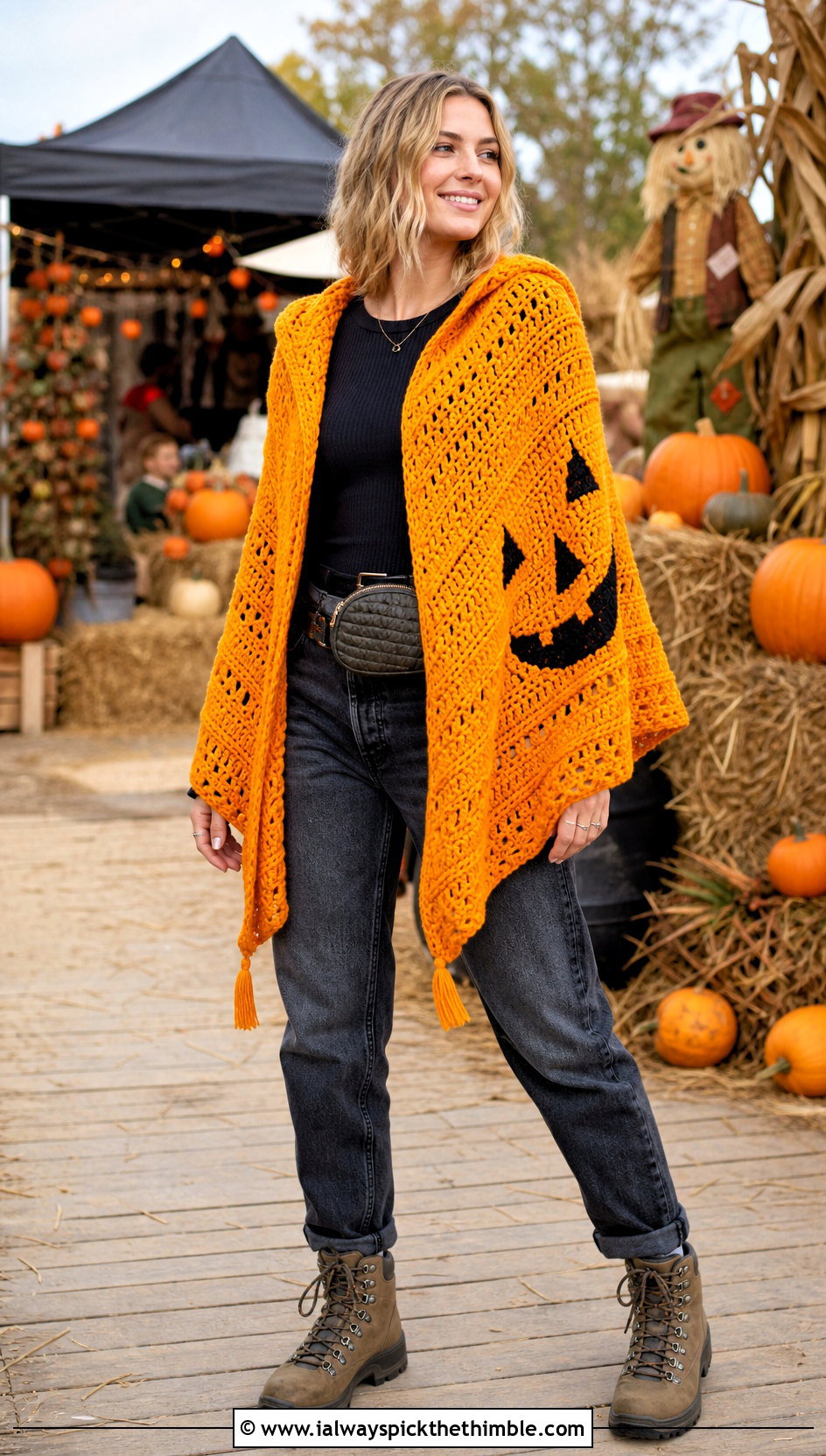 Jack O Lantern Hooded Crochet Shawl With Jeans - 20 halloween crochet shawl outfit ideas