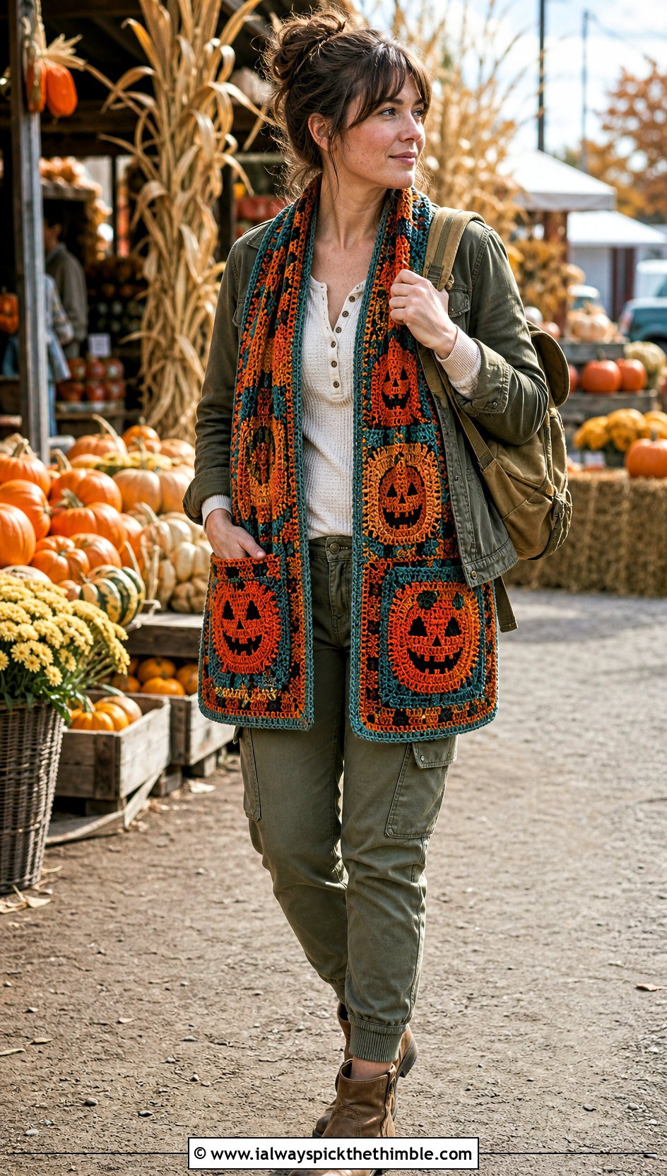 Jack O Lantern Mosaic Pocket Shawl With Utility Outfit - 20 Crochet Halloween Shawl outfit ideas