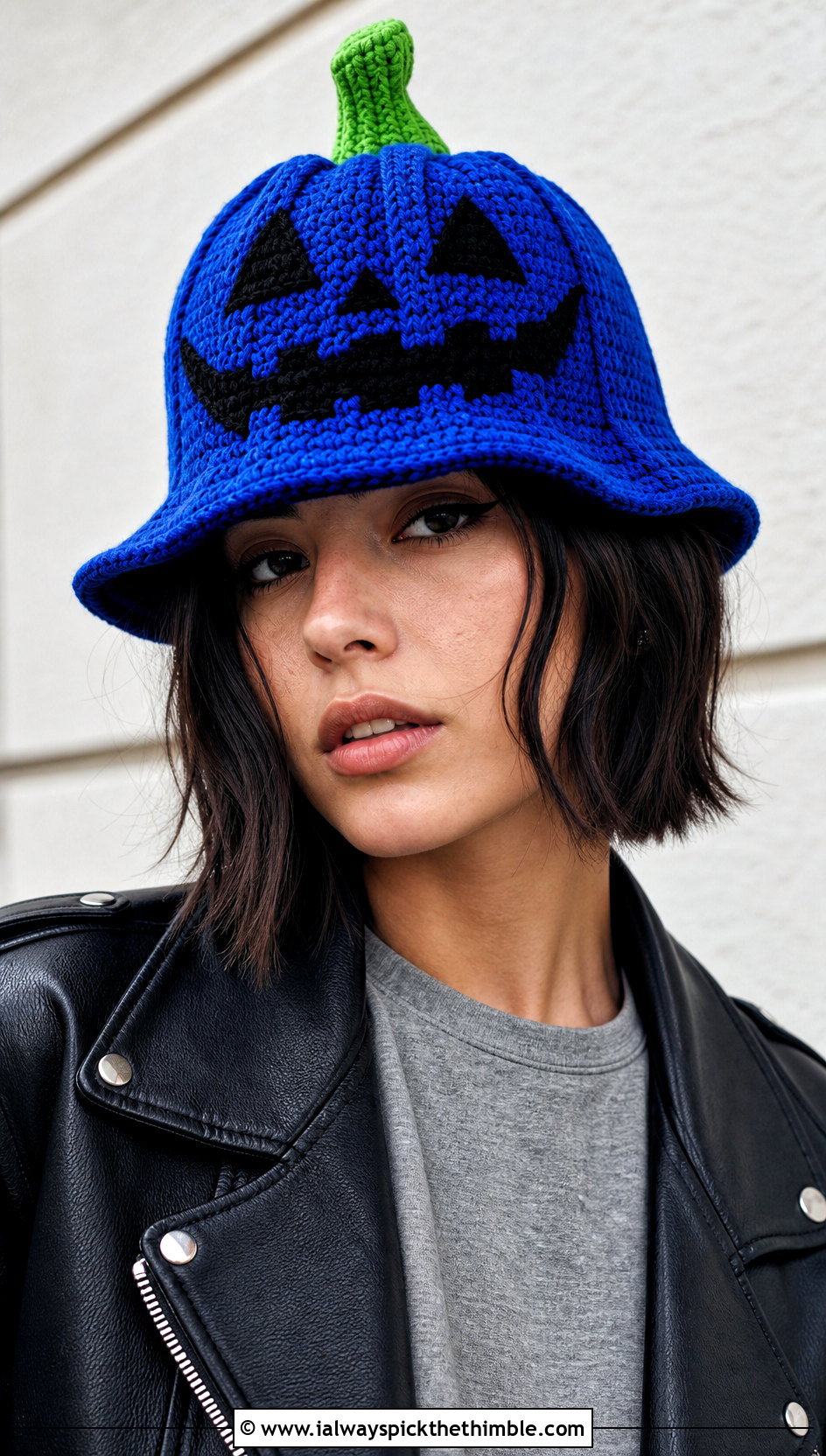 Jack O Lantern Pumpkin Bucket Hat With Leather Jacket - 20 crochet pumpkin bucket hat outfit ideas