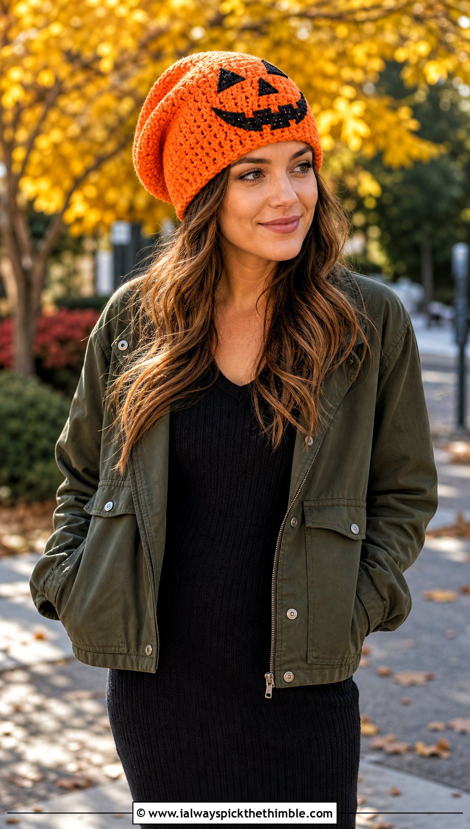 Jack O Lantern Slouchy Hat With Black Dress - 25 crochet pumpkin hat outfit ideas