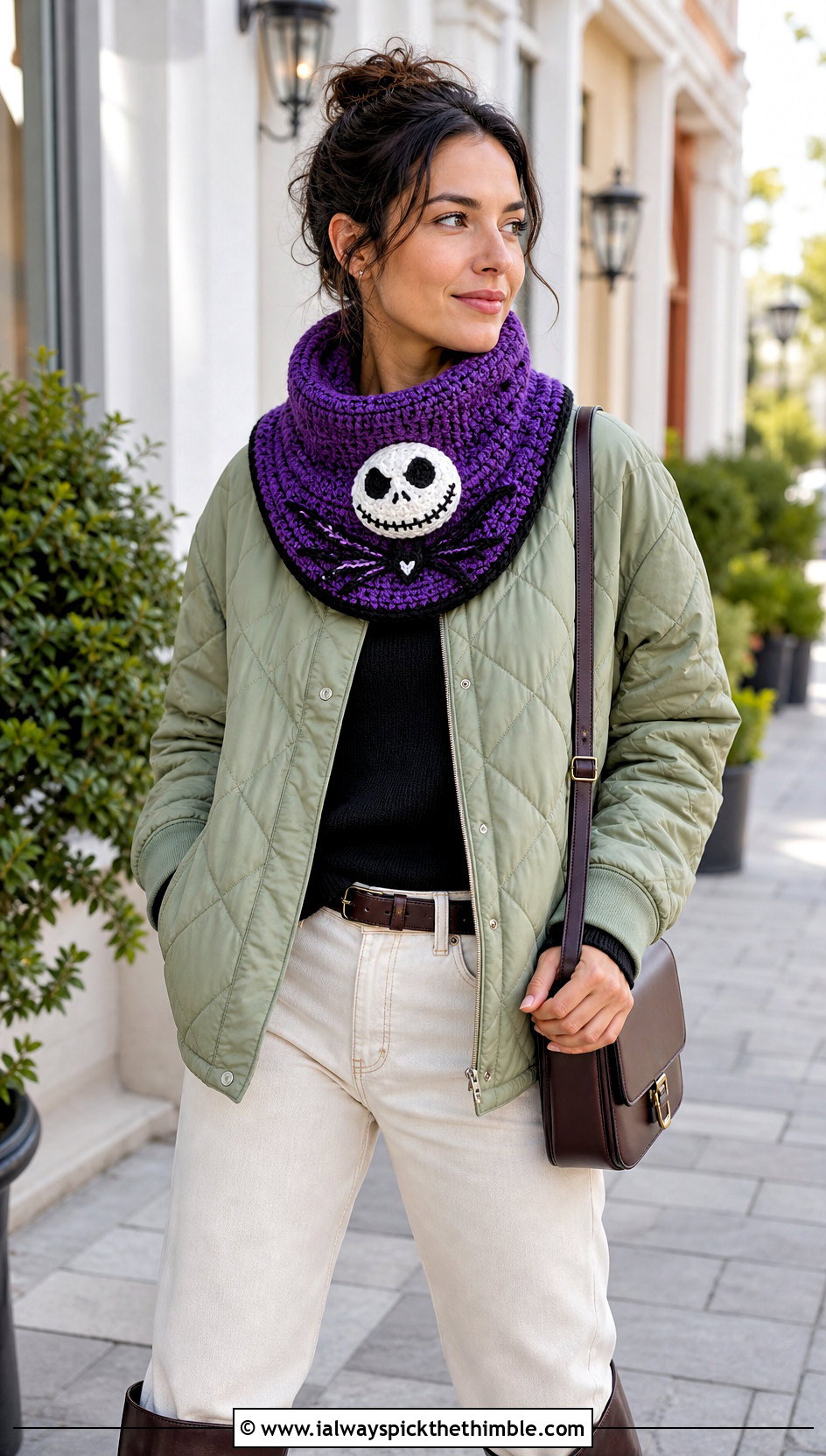 Jack Skellington Crochet Cowl With Quilted Jacket - 20 Crochet Jack Skellington Scarf outfit ideas