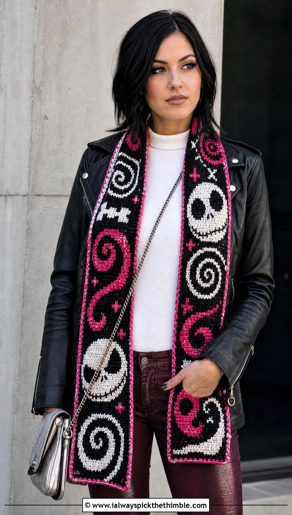 Jack Skellington Tapestry Crochet Disney Scarf With Moto Jacket - 20 Crochet Disney Scarf outfit ideas