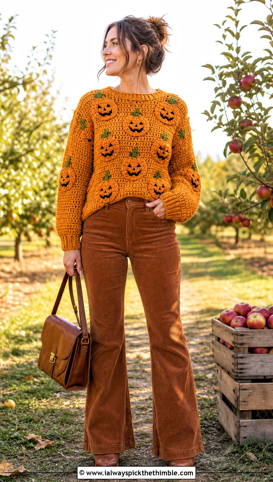 Jack o Lantern Bobble Stitch Crochet Halloween Sweater With Corduroy Pants - 25 Crochet Halloween Sweater outfit ideas