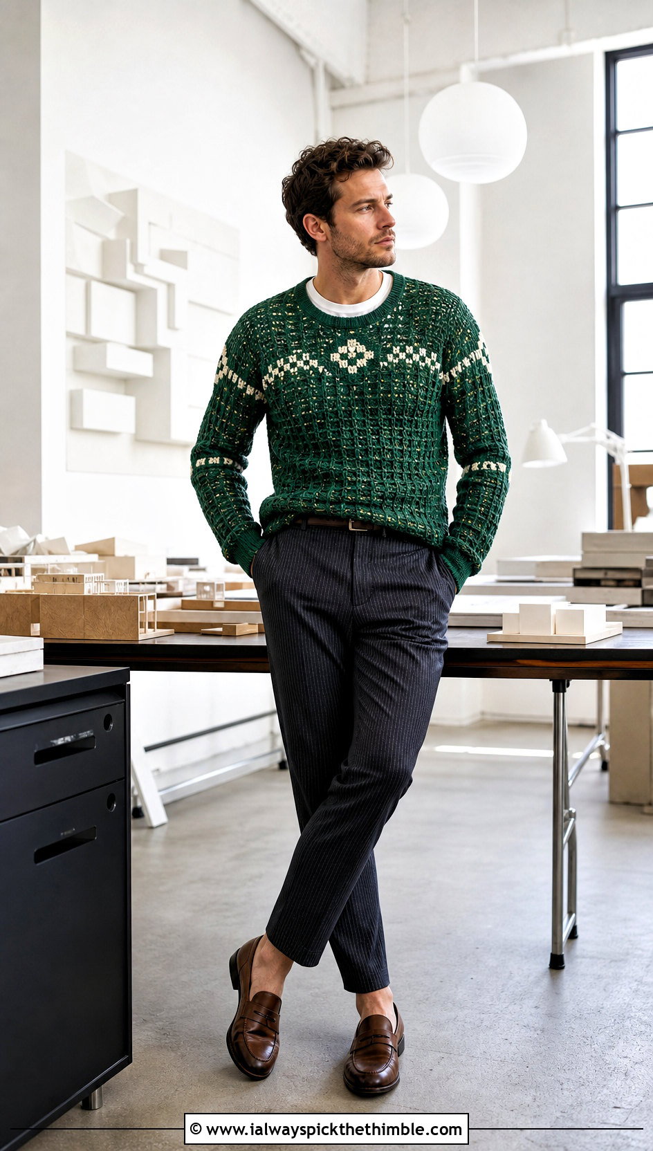 Jacquard Crochet Sweater With Pinstripe Trousers - 25 crochet man sweaters outfit ideas