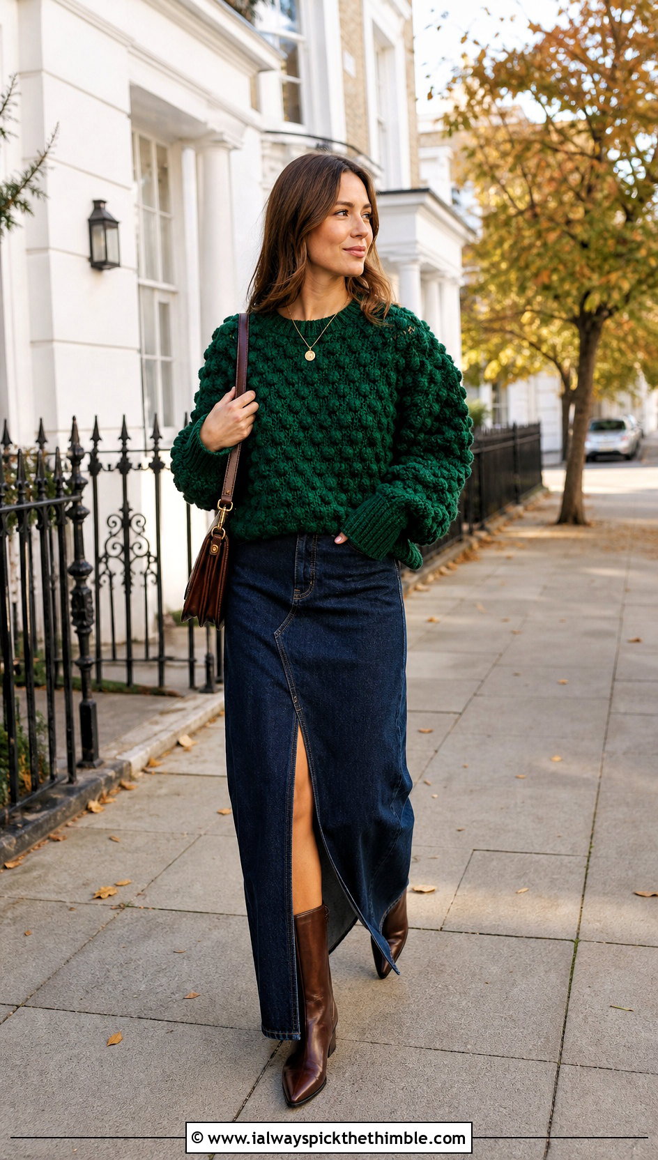 Jade Bobble Stitch Green Crochet Jumper With Denim Maxi Skirt - 20 green crochet jumper outfit ideas