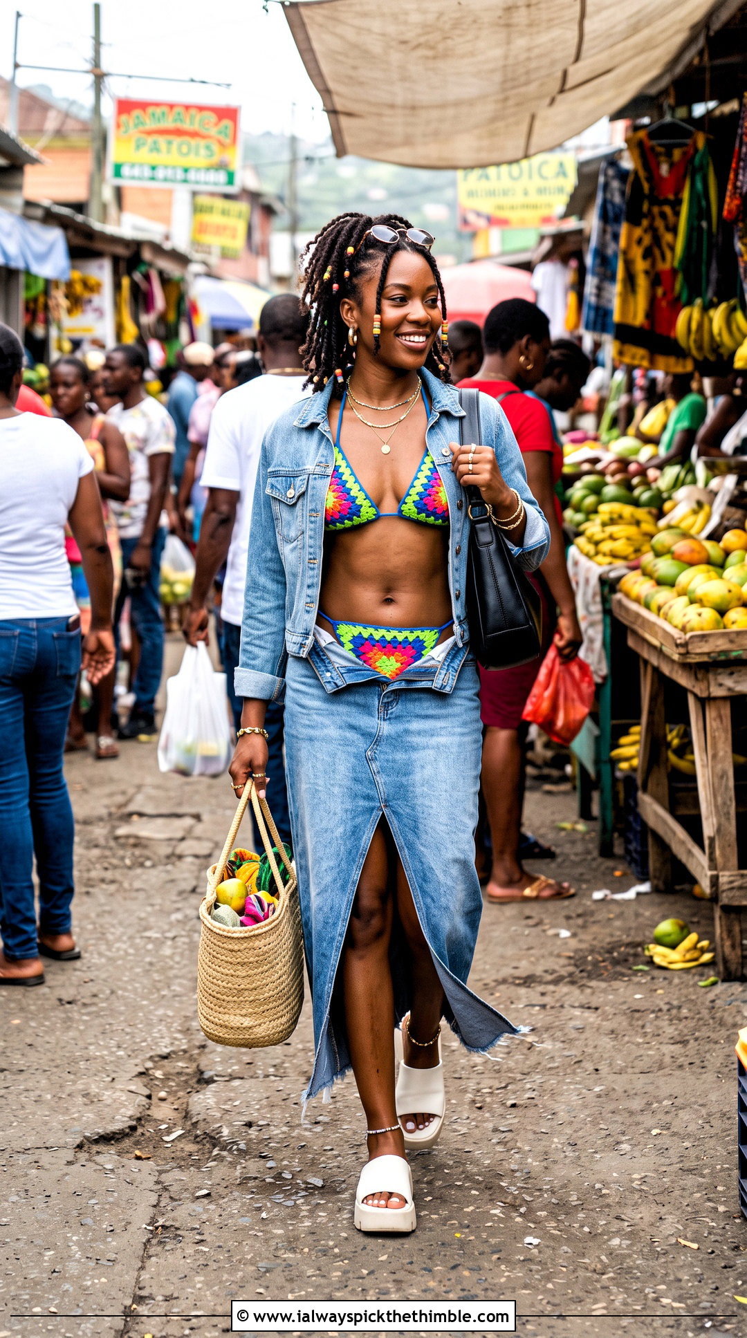 Jamaica Granny Square Crochet Bikini With Denim Maxi Skirt - 20 jamaica crochet bathing suit outfit ideas