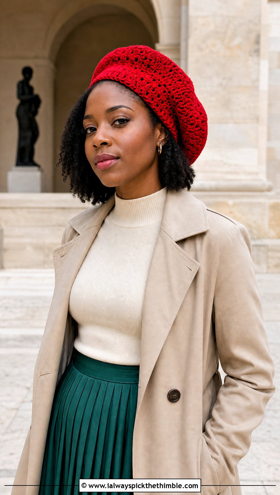 Jamaican Crochet Beret With Pleated Midi Skirt - 20 Jamaican Crochet Hat outfit ideas