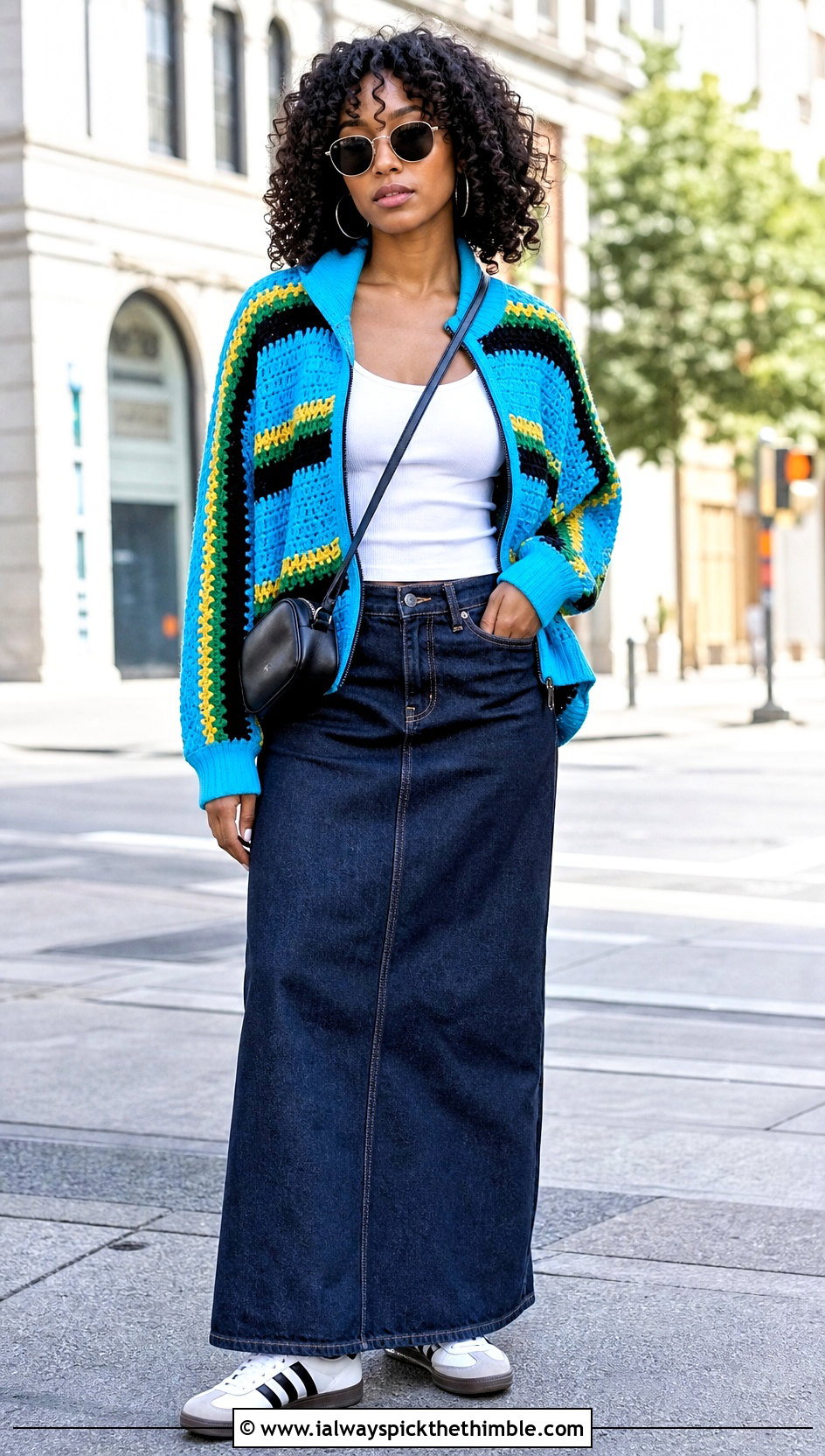 Jamaican Crochet Bomber Jacket With Denim Maxi Skirt - 25 Crochet Jamaican Outfit ideas