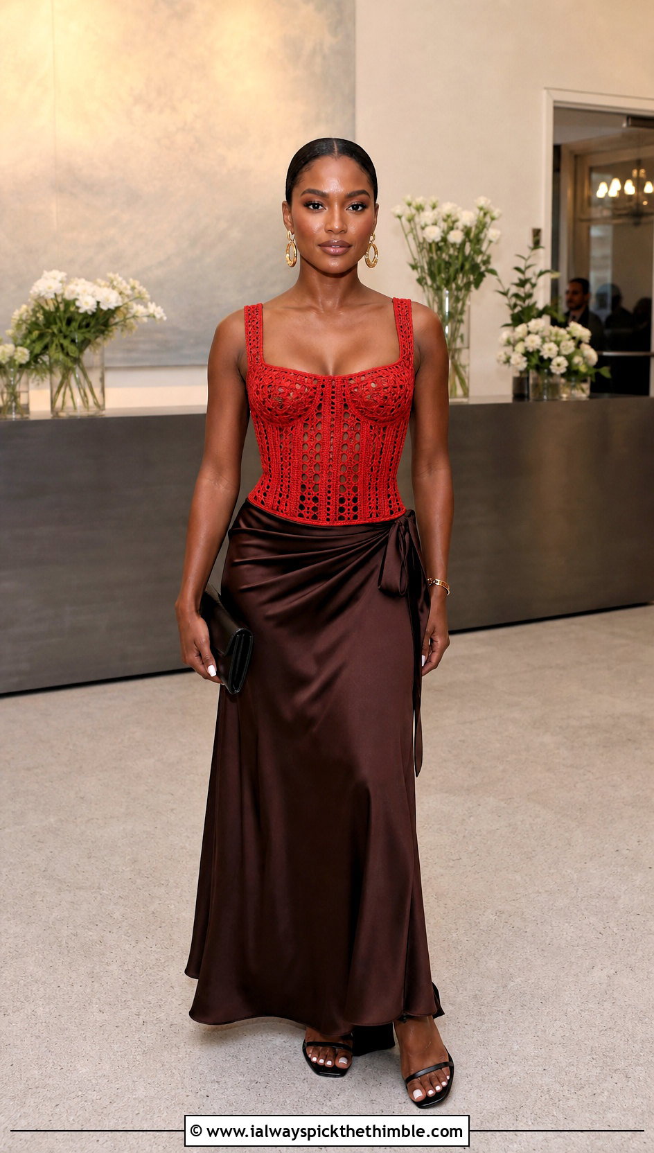 Jamaican Crochet Corset Top With Satin Maxi Skirt - 25 Crochet Jamaican Outfit ideas