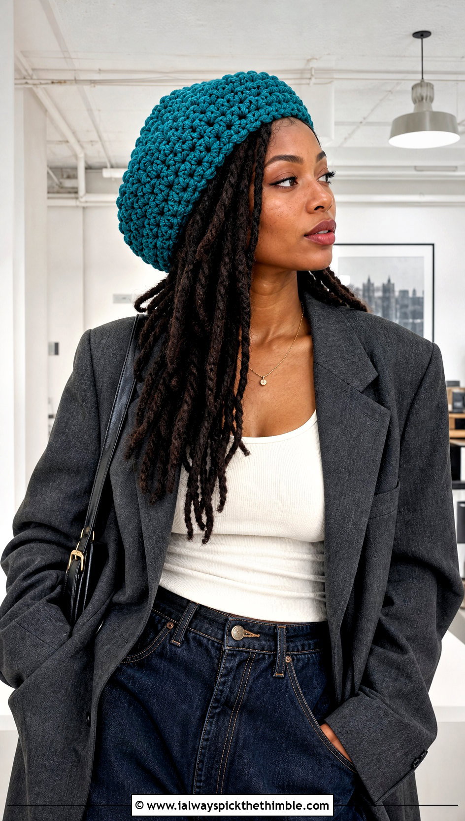 Jamaican Crochet Dreadlock Tam With Blazer And Wide Leg Jeans - 20 Jamaican Crochet Hat outfit ideas