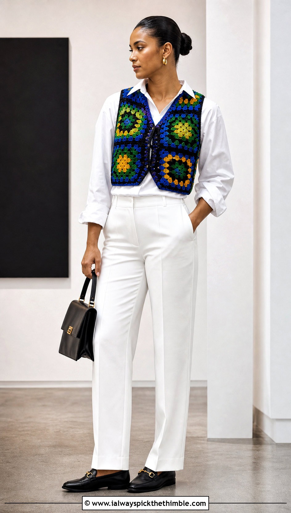 Jamaican Granny Square Crochet Vest With White Trousers - 25 Crochet Jamaican Outfit ideas