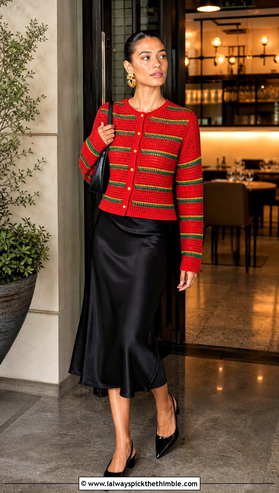 Jamaican Striped Crochet Cardigan With Satin Midi Skirt - 25 Crochet Jamaican Outfit ideas